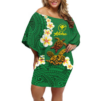 Hawaii Turtle Plumeria Flower Family Matching Off Shoulder Short Dress and Hawaiian Shirt Polynesian Pattern Green Color LT03 Mom's Dress Green - Polynesian Pride