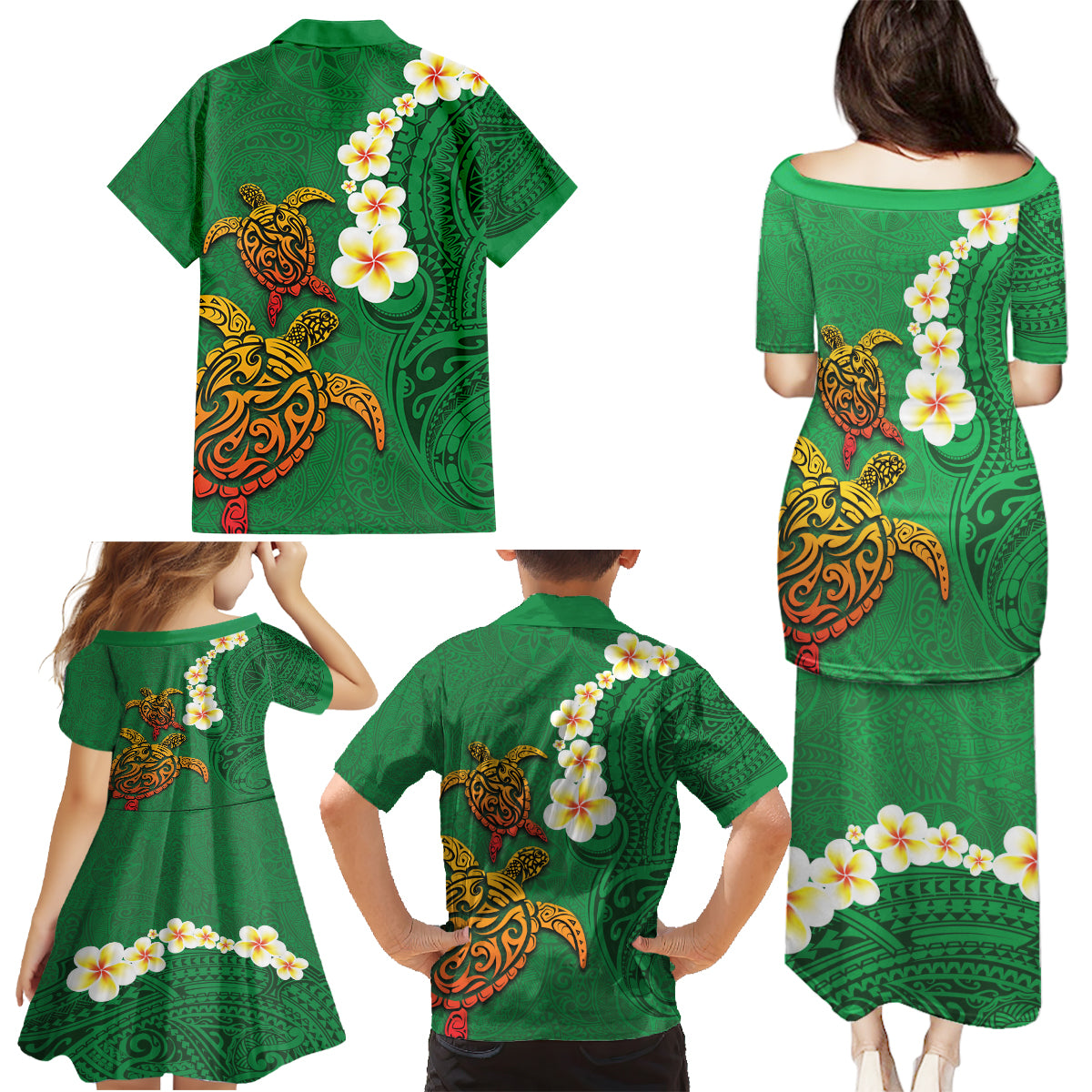 Hawaii Turtle Plumeria Flower Family Matching Puletasi and Hawaiian Shirt Polynesian Pattern Green Color LT03 - Polynesian Pride
