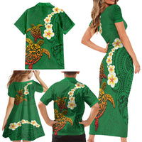 Hawaii Turtle Plumeria Flower Family Matching Short Sleeve Bodycon Dress and Hawaiian Shirt Polynesian Pattern Green Color LT03 - Polynesian Pride