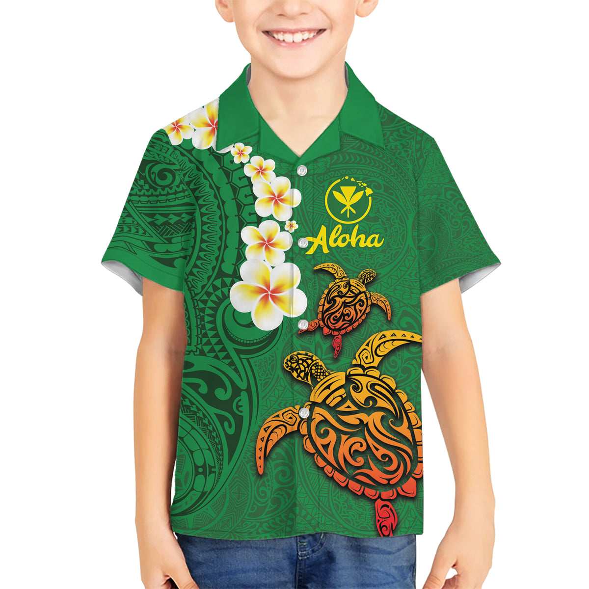 Hawaii Turtle Plumeria Flower Family Matching Short Sleeve Bodycon Dress and Hawaiian Shirt Polynesian Pattern Green Color LT03 Son's Shirt Green - Polynesian Pride