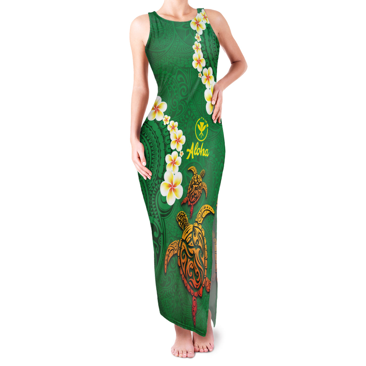 Hawaii Turtle Plumeria Flower Family Matching Tank Maxi Dress and Hawaiian Shirt Polynesian Pattern Green Color LT03 Mom's Dress Green - Polynesian Pride
