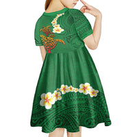 Hawaii Turtle Plumeria Flower Kid Short Sleeve Dress Polynesian Pattern Green Color LT03 - Polynesian Pride