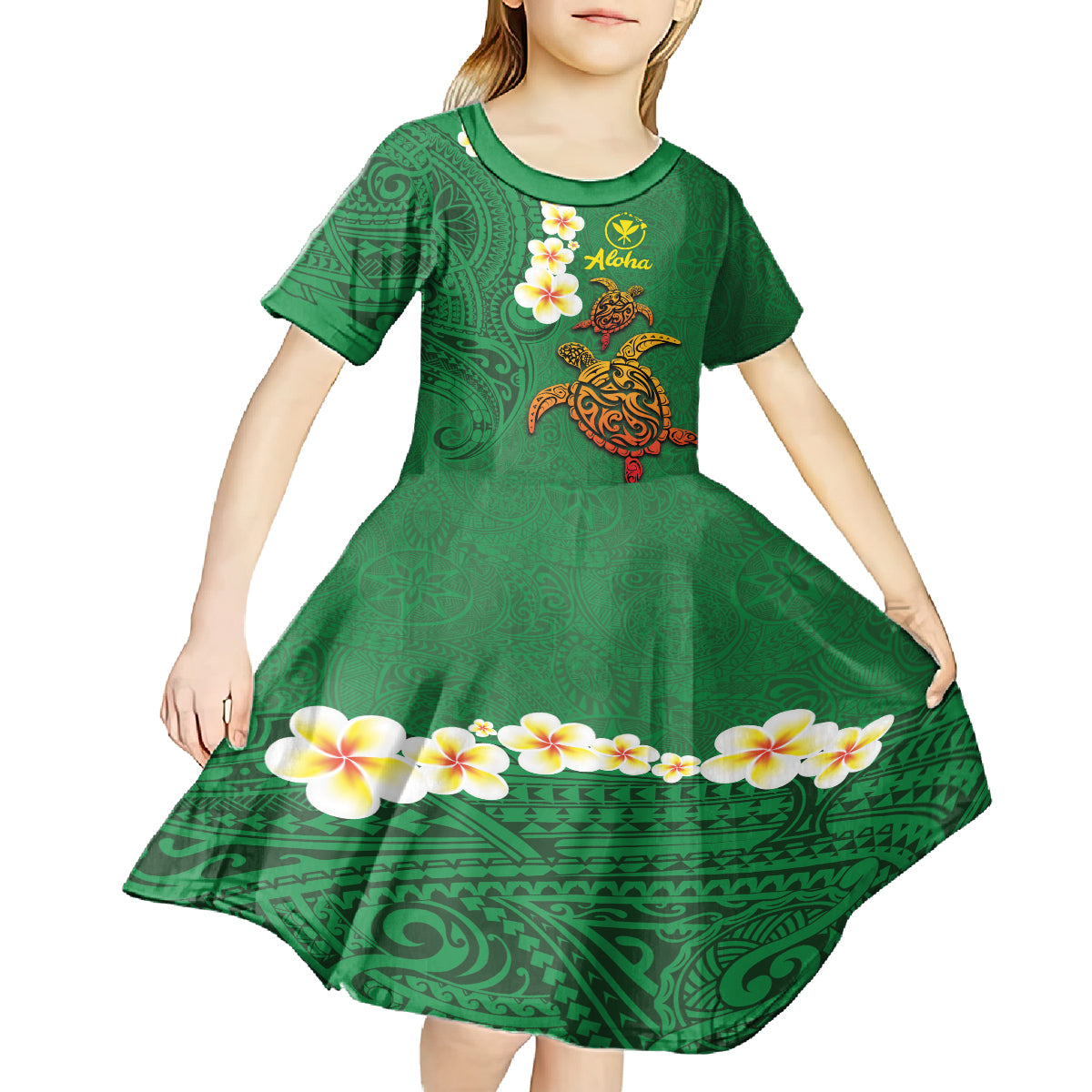Hawaii Turtle Plumeria Flower Kid Short Sleeve Dress Polynesian Pattern Green Color LT03 - Polynesian Pride