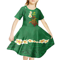 Hawaii Turtle Plumeria Flower Kid Short Sleeve Dress Polynesian Pattern Green Color LT03 - Polynesian Pride