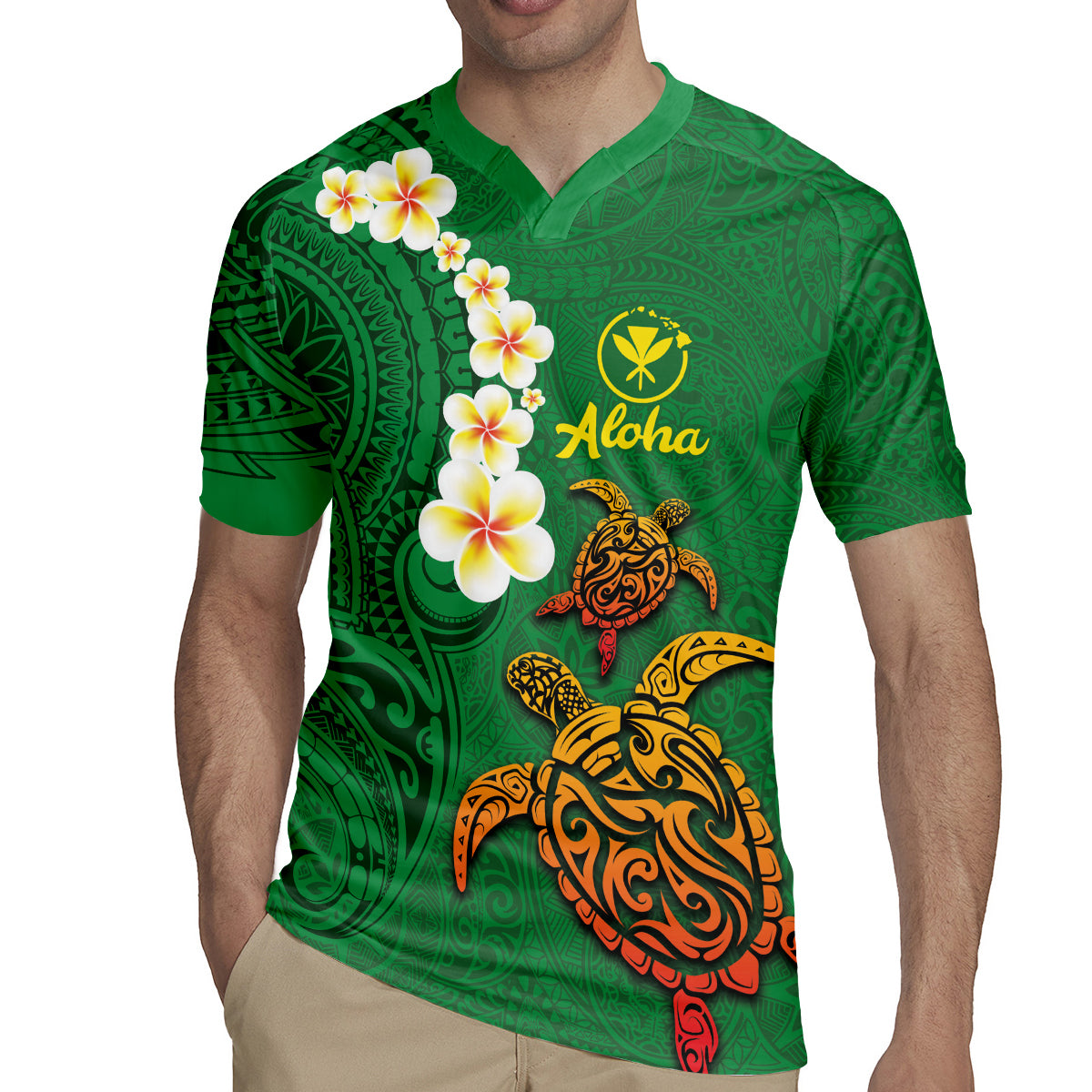 Hawaii Turtle Plumeria Flower Rugby Jersey Polynesian Pattern Green Color LT03 - Polynesian Pride