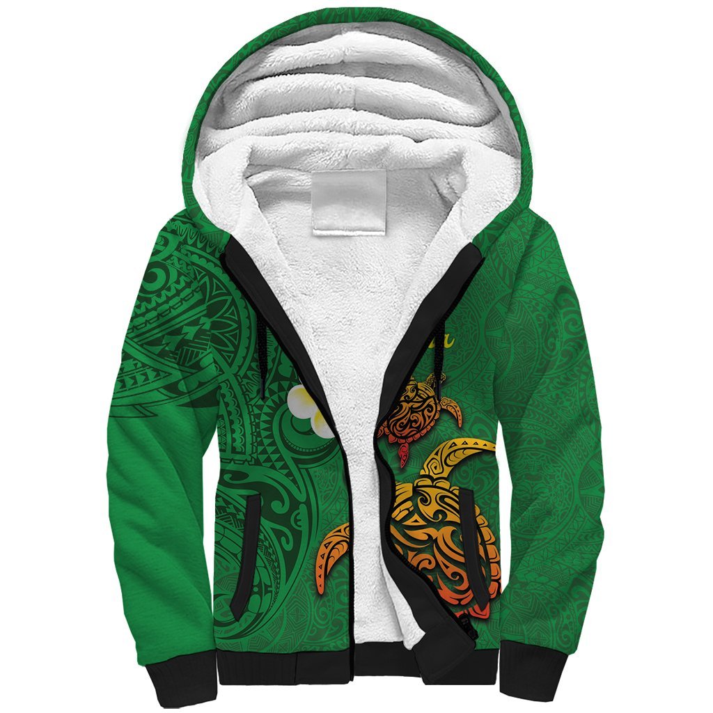 Hawaii Turtle Plumeria Flower Sherpa Hoodie Polynesian Pattern Green Color LT03 Unisex Green - Polynesian Pride