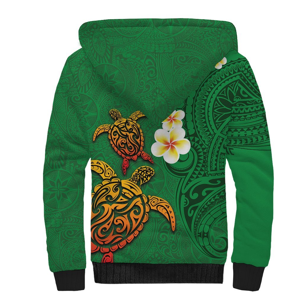 Hawaii Turtle Plumeria Flower Sherpa Hoodie Polynesian Pattern Green Color LT03 - Polynesian Pride