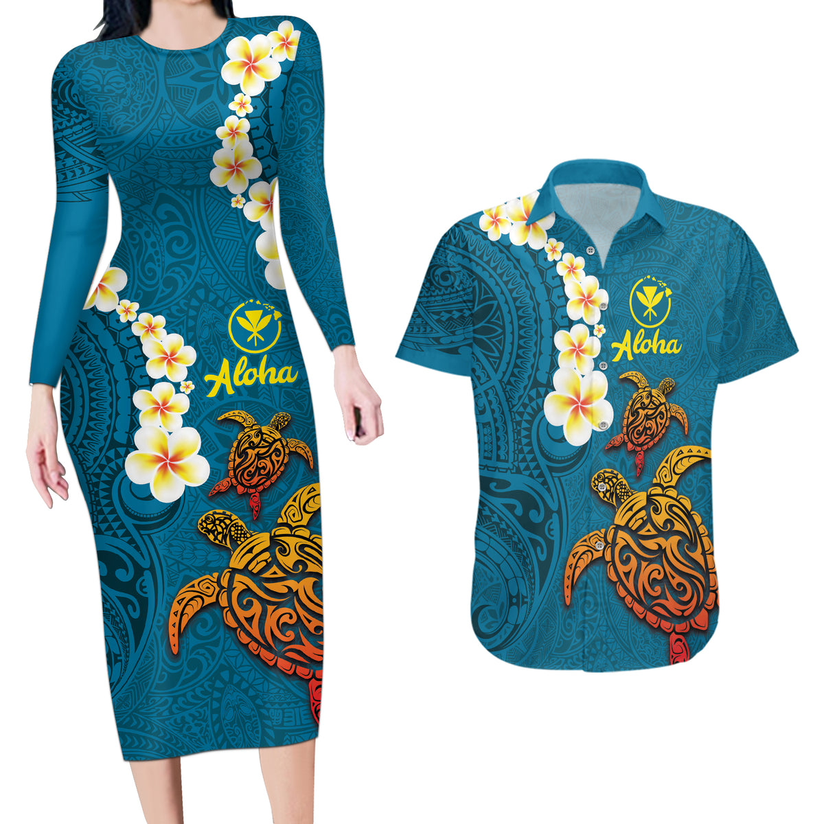 Hawaii Turtle Plumeria Flower Couples Matching Long Sleeve Bodycon Dress and Hawaiian Shirt Polynesian Pattern Blue Color LT03 Blue - Polynesian Pride