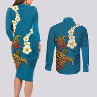 Hawaii Turtle Plumeria Flower Couples Matching Long Sleeve Bodycon Dress and Long Sleeve Button Shirt Polynesian Pattern Blue Color