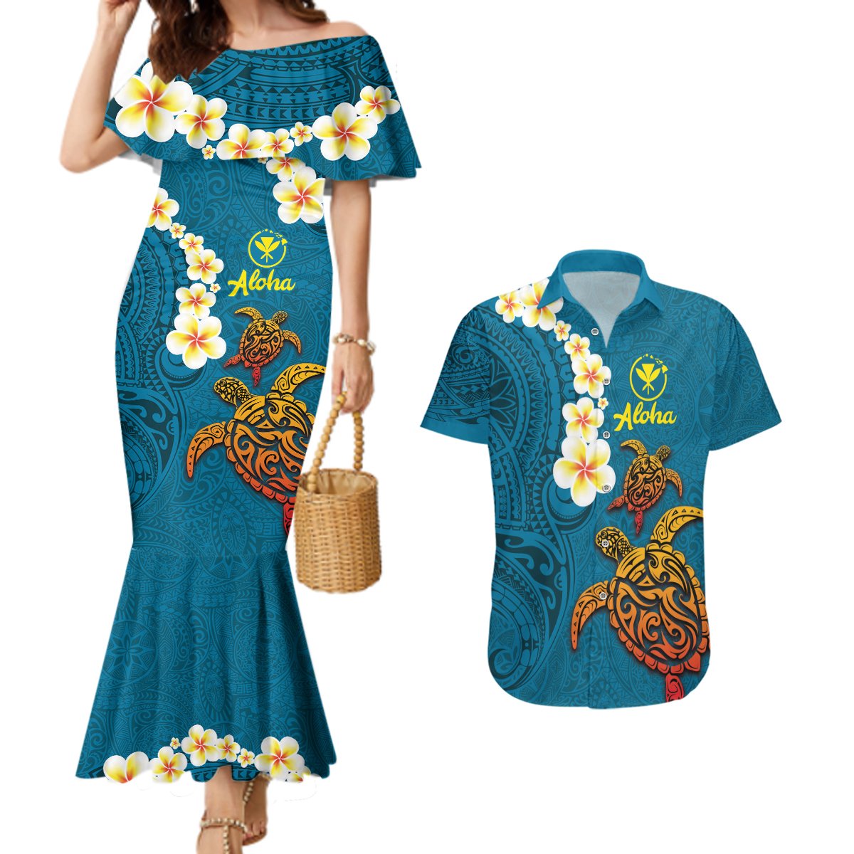 Hawaii Turtle Plumeria Flower Couples Matching Mermaid Dress and Hawaiian Shirt Polynesian Pattern Blue Color LT03 Blue - Polynesian Pride