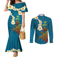 Hawaii Turtle Plumeria Flower Couples Matching Mermaid Dress and Long Sleeve Button Shirt Polynesian Pattern Blue Color