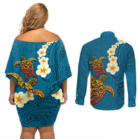 Hawaii Turtle Plumeria Flower Couples Matching Off Shoulder Short Dress and Long Sleeve Button Shirt Polynesian Pattern Blue Color
