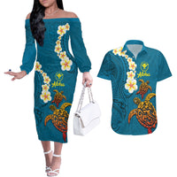 Hawaii Turtle Plumeria Flower Couples Matching Off The Shoulder Long Sleeve Dress and Hawaiian Shirt Polynesian Pattern Blue Color LT03 Blue - Polynesian Pride