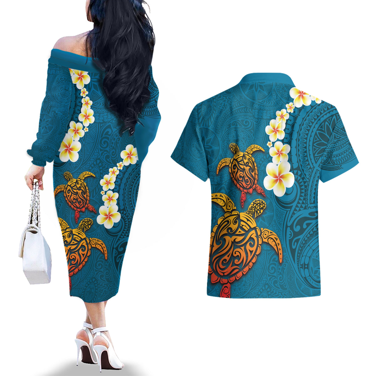 Hawaii Turtle Plumeria Flower Couples Matching Off The Shoulder Long Sleeve Dress and Hawaiian Shirt Polynesian Pattern Blue Color LT03 - Polynesian Pride