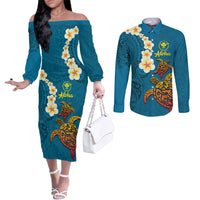Hawaii Turtle Plumeria Flower Couples Matching Off The Shoulder Long Sleeve Dress and Long Sleeve Button Shirt Polynesian Pattern Blue Color LT03 Blue - Polynesian Pride