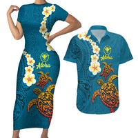 Hawaii Turtle Plumeria Flower Couples Matching Short Sleeve Bodycon Dress and Hawaiian Shirt Polynesian Pattern Blue Color LT03 Blue - Polynesian Pride