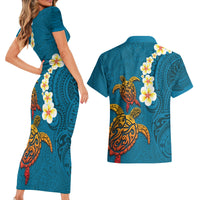 Hawaii Turtle Plumeria Flower Couples Matching Short Sleeve Bodycon Dress and Hawaiian Shirt Polynesian Pattern Blue Color LT03 - Polynesian Pride