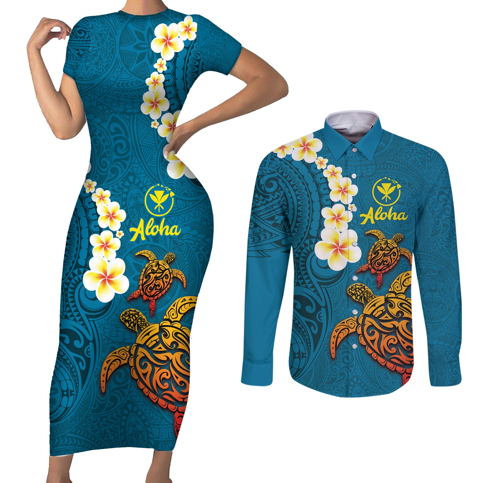 Hawaii Turtle Plumeria Flower Couples Matching Short Sleeve Bodycon Dress and Long Sleeve Button Shirt Polynesian Pattern Blue Color