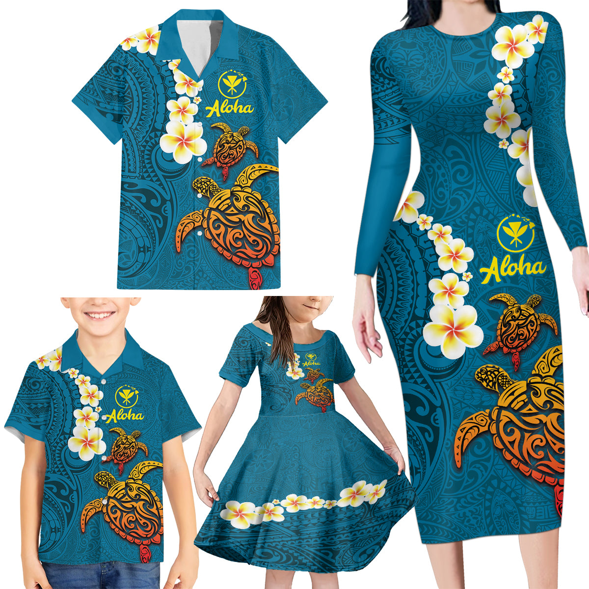 Hawaii Turtle Plumeria Flower Family Matching Long Sleeve Bodycon Dress and Hawaiian Shirt Polynesian Pattern Blue Color LT03 - Polynesian Pride