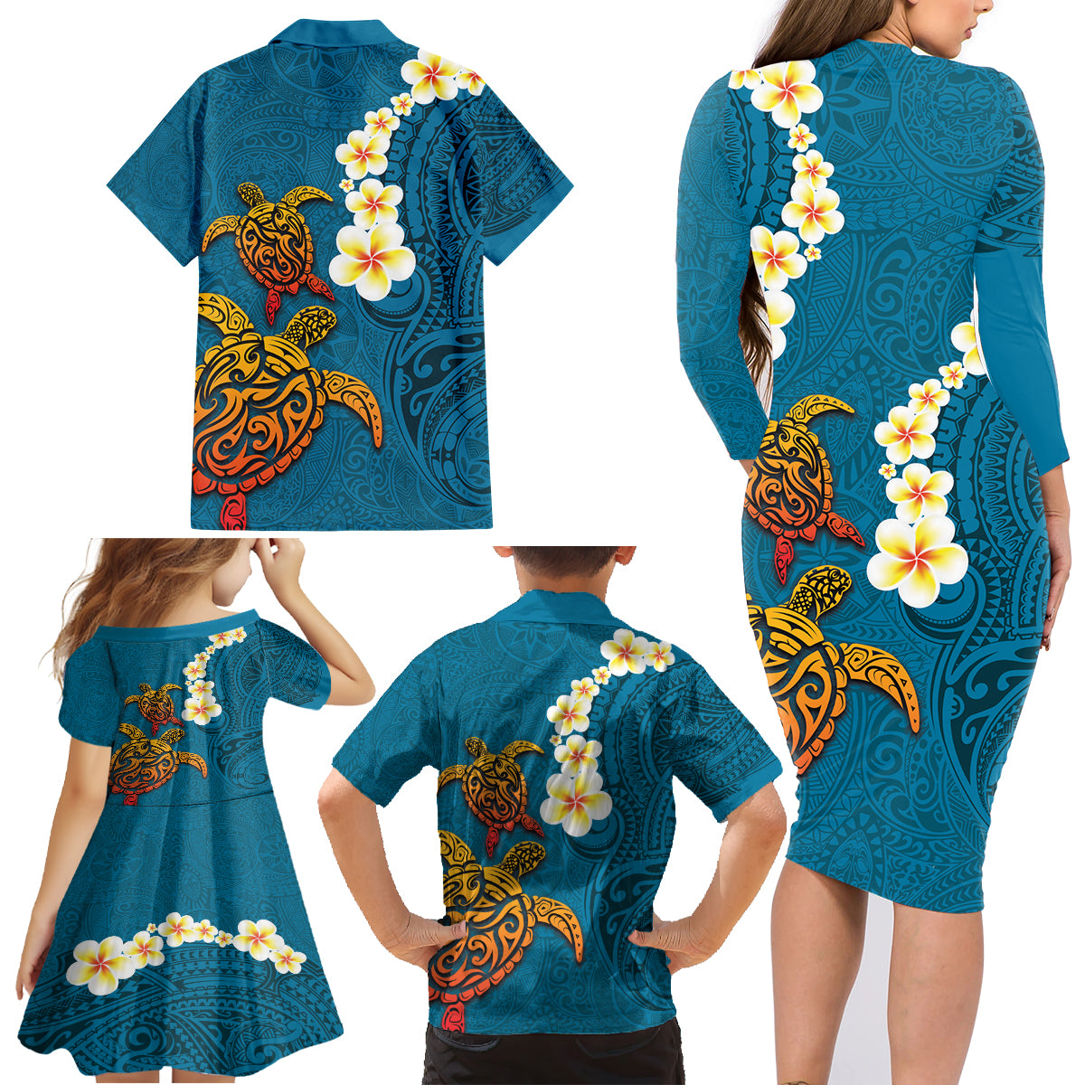 Hawaii Turtle Plumeria Flower Family Matching Long Sleeve Bodycon Dress and Hawaiian Shirt Polynesian Pattern Blue Color LT03 - Polynesian Pride
