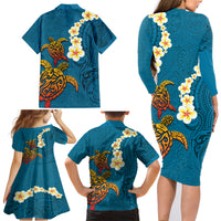 Hawaii Turtle Plumeria Flower Family Matching Long Sleeve Bodycon Dress and Hawaiian Shirt Polynesian Pattern Blue Color LT03 - Polynesian Pride