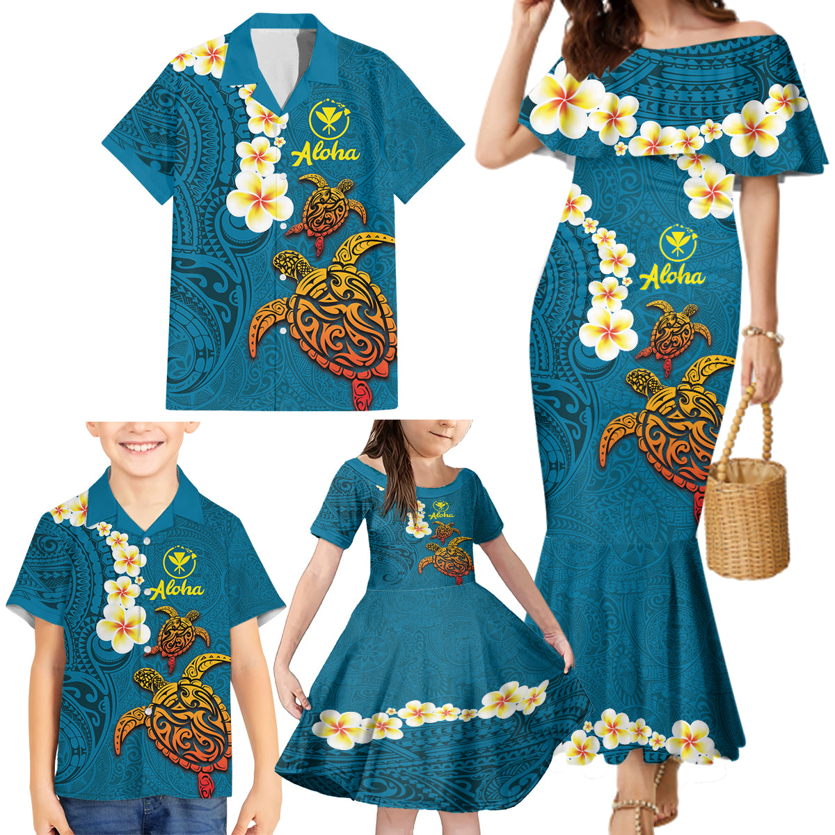 Hawaii Turtle Plumeria Flower Family Matching Mermaid Dress and Hawaiian Shirt Polynesian Pattern Blue Color LT03 - Polynesian Pride
