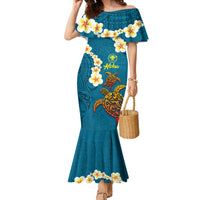 Hawaii Turtle Plumeria Flower Family Matching Mermaid Dress and Hawaiian Shirt Polynesian Pattern Blue Color LT03 Mom's Dress Blue - Polynesian Pride