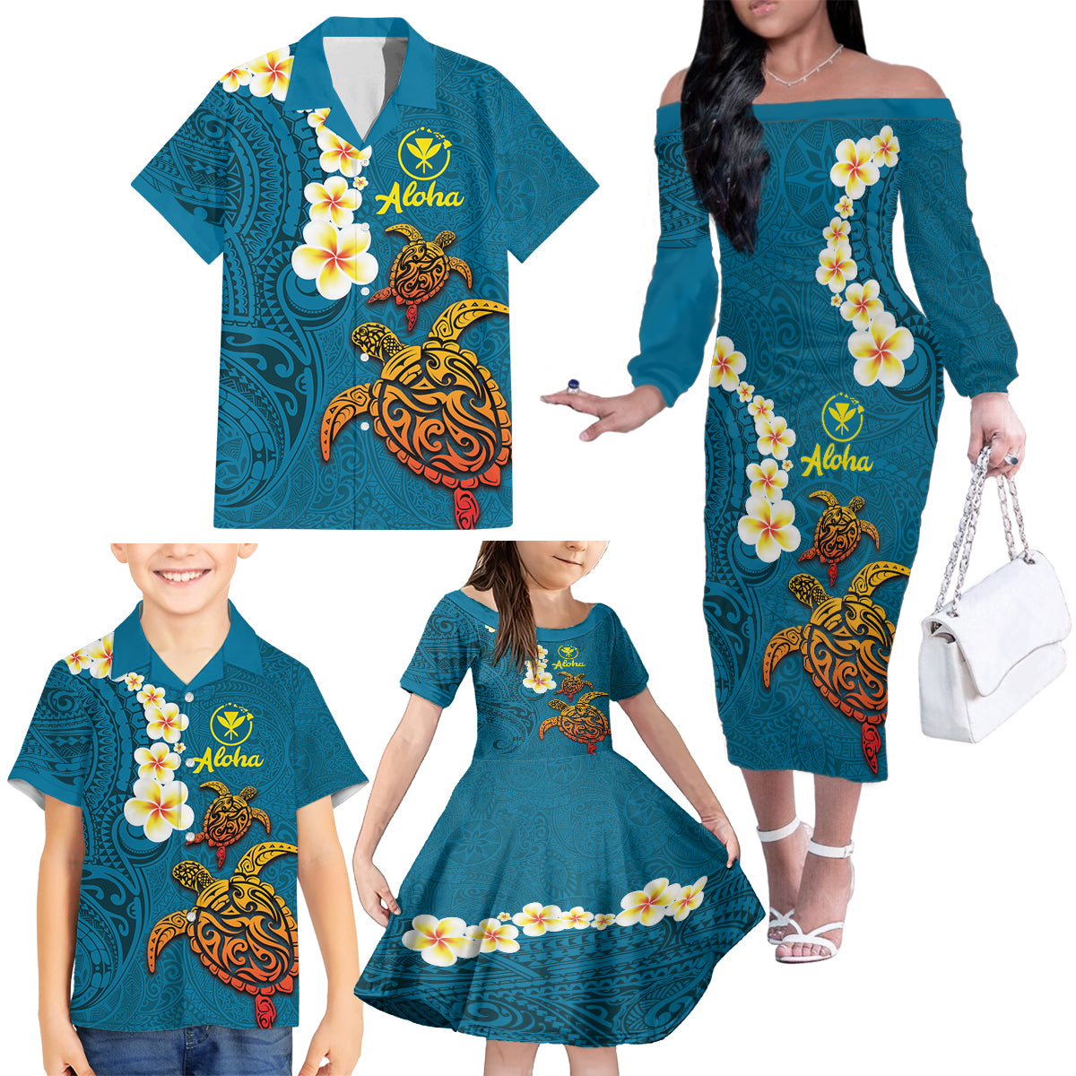 Hawaii Turtle Plumeria Flower Family Matching Off The Shoulder Long Sleeve Dress and Hawaiian Shirt Polynesian Pattern Blue Color LT03 - Polynesian Pride
