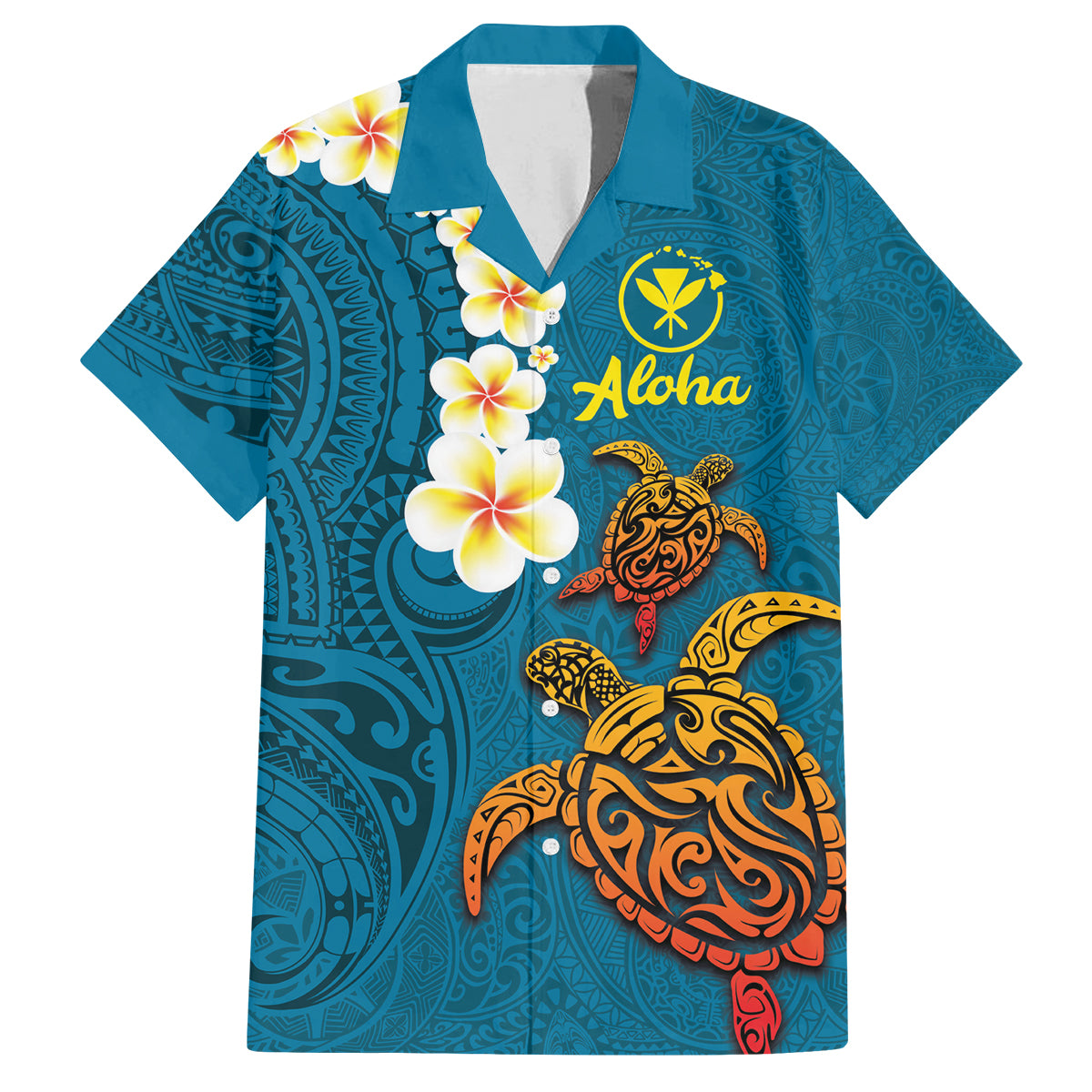 Hawaii Turtle Plumeria Flower Family Matching Off Shoulder Maxi Dress and Hawaiian Shirt Polynesian Pattern Blue Color LT03 Dad's Shirt - Short Sleeve Blue - Polynesian Pride