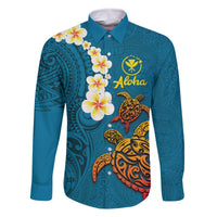 Hawaii Turtle Plumeria Flower Family Matching Off Shoulder Maxi Dress and Hawaiian Shirt Polynesian Pattern Blue Color LT03 Dad's Shirt - Long Sleeve Blue - Polynesian Pride