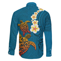 Hawaii Turtle Plumeria Flower Family Matching Off Shoulder Maxi Dress and Hawaiian Shirt Polynesian Pattern Blue Color LT03 - Polynesian Pride