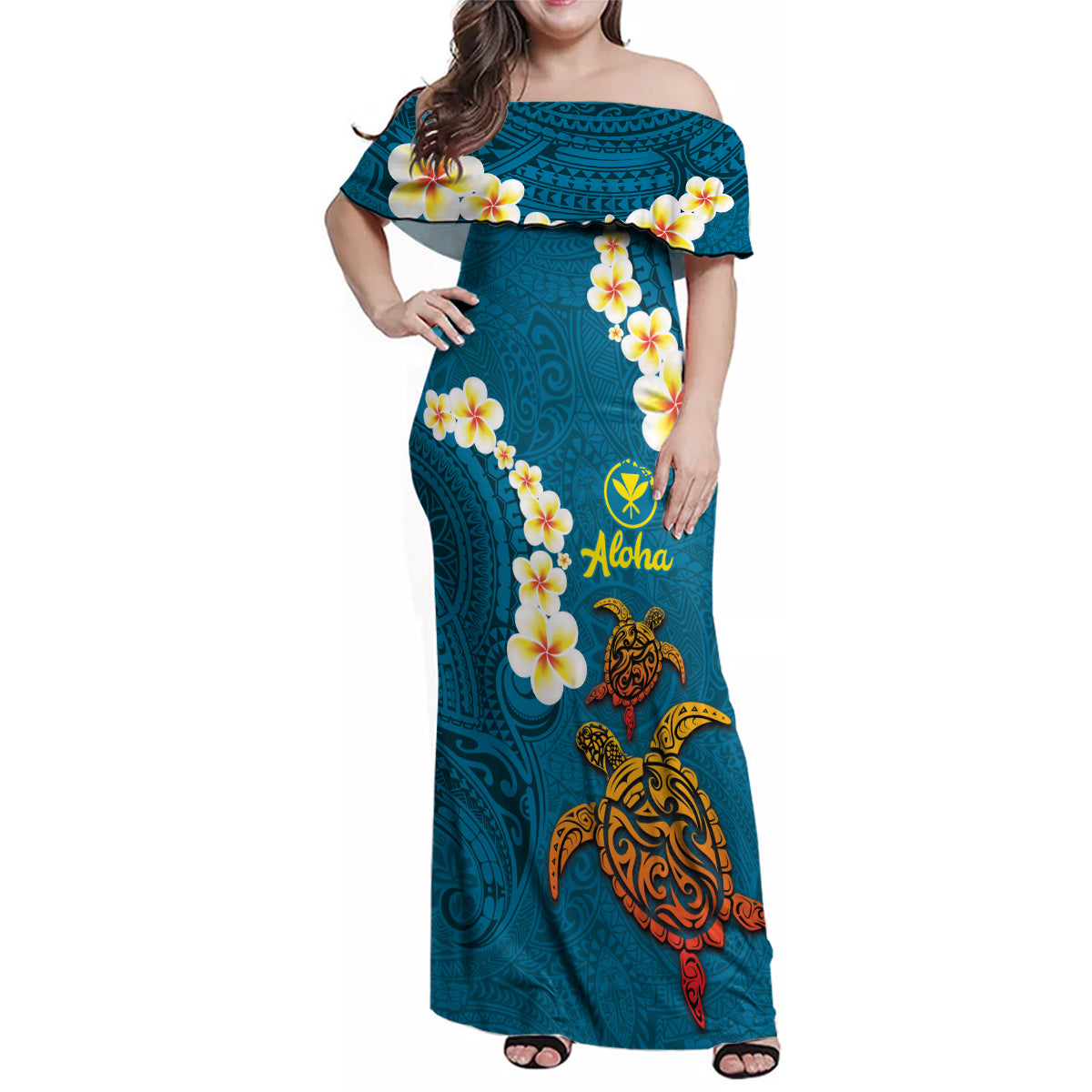 Hawaii Turtle Plumeria Flower Family Matching Off Shoulder Maxi Dress and Hawaiian Shirt Polynesian Pattern Blue Color LT03 Mom's Dress Blue - Polynesian Pride