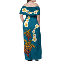Hawaii Turtle Plumeria Flower Family Matching Off Shoulder Maxi Dress and Hawaiian Shirt Polynesian Pattern Blue Color LT03 - Polynesian Pride