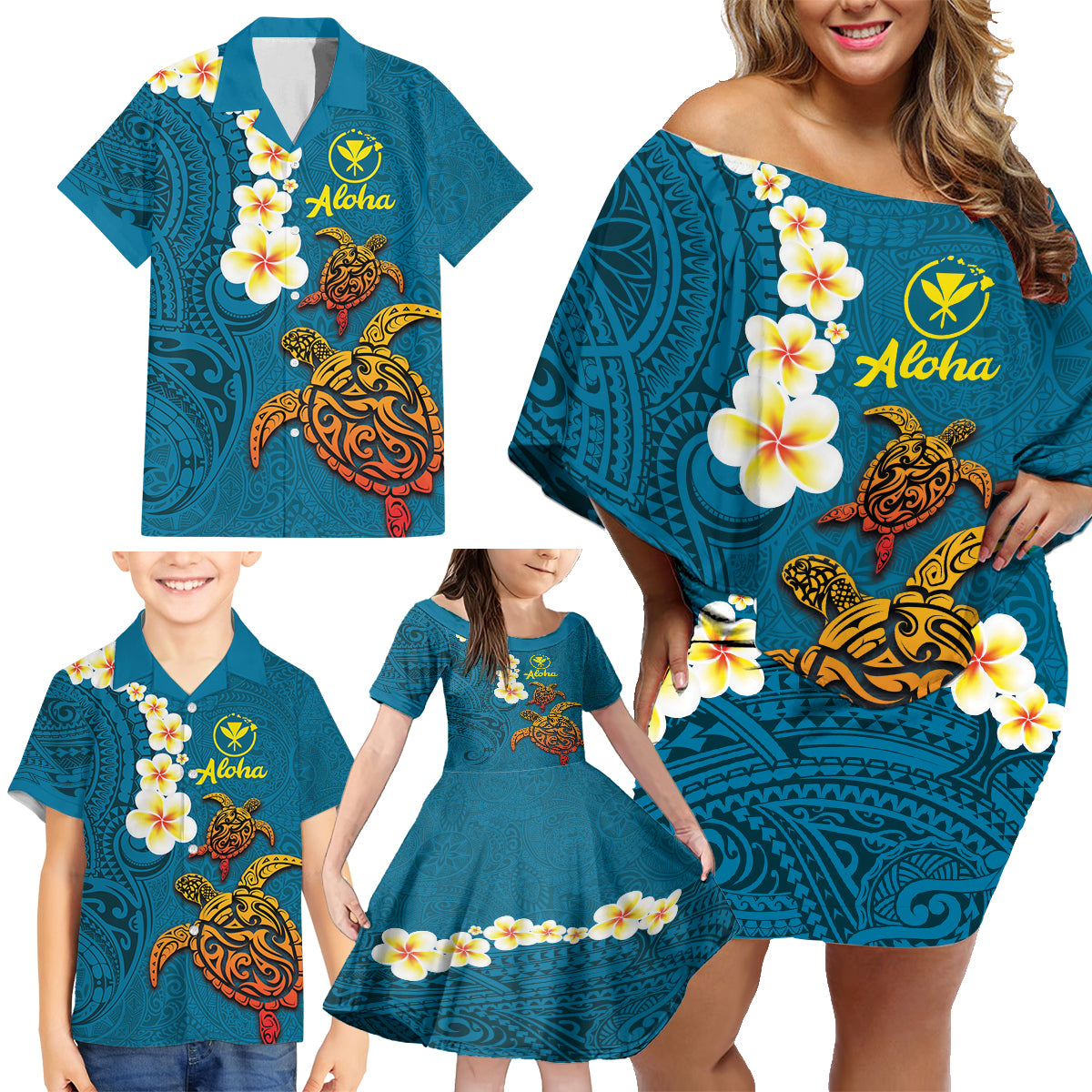 Hawaii Turtle Plumeria Flower Family Matching Off Shoulder Short Dress and Hawaiian Shirt Polynesian Pattern Blue Color LT03 - Polynesian Pride