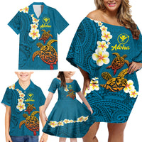 Hawaii Turtle Plumeria Flower Family Matching Off Shoulder Short Dress and Hawaiian Shirt Polynesian Pattern Blue Color LT03 - Polynesian Pride