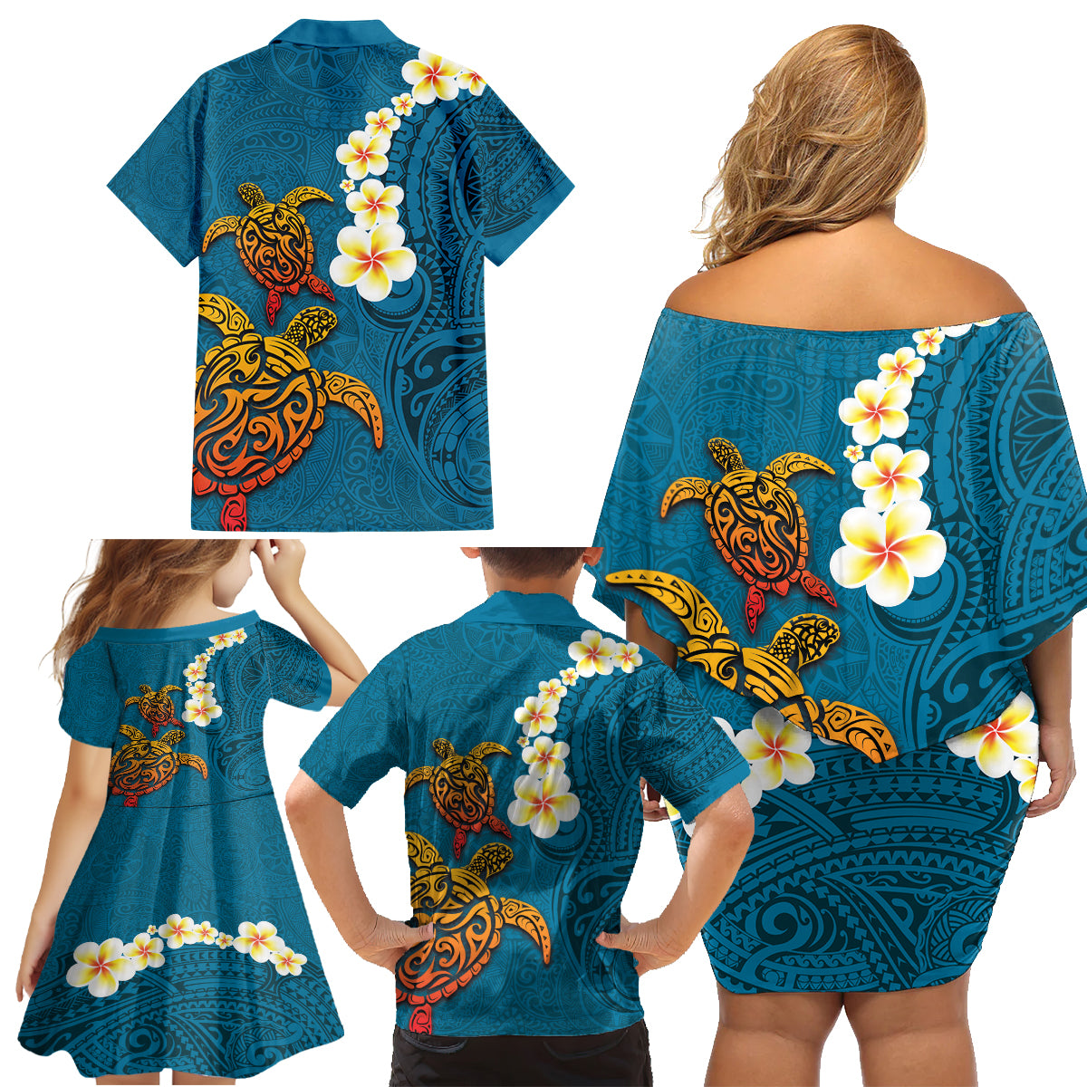Hawaii Turtle Plumeria Flower Family Matching Off Shoulder Short Dress and Hawaiian Shirt Polynesian Pattern Blue Color LT03 - Polynesian Pride