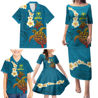 Hawaii Turtle Plumeria Flower Family Matching Puletasi and Hawaiian Shirt Polynesian Pattern Blue Color LT03 - Polynesian Pride