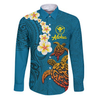Hawaii Turtle Plumeria Flower Family Matching Puletasi and Hawaiian Shirt Polynesian Pattern Blue Color LT03 Dad's Shirt - Long Sleeve Blue - Polynesian Pride