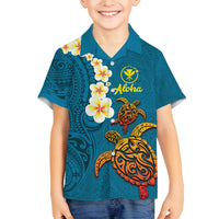 Hawaii Turtle Plumeria Flower Family Matching Puletasi and Hawaiian Shirt Polynesian Pattern Blue Color LT03 Son's Shirt Blue - Polynesian Pride
