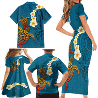 Hawaii Turtle Plumeria Flower Family Matching Short Sleeve Bodycon Dress and Hawaiian Shirt Polynesian Pattern Blue Color LT03 - Polynesian Pride