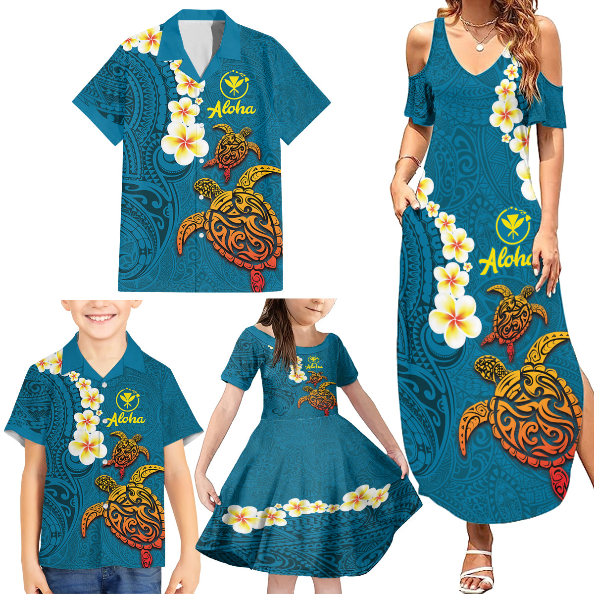 Hawaii Turtle Plumeria Flower Family Matching Summer Maxi Dress and Hawaiian Shirt Polynesian Pattern Blue Color LT03 - Polynesian Pride