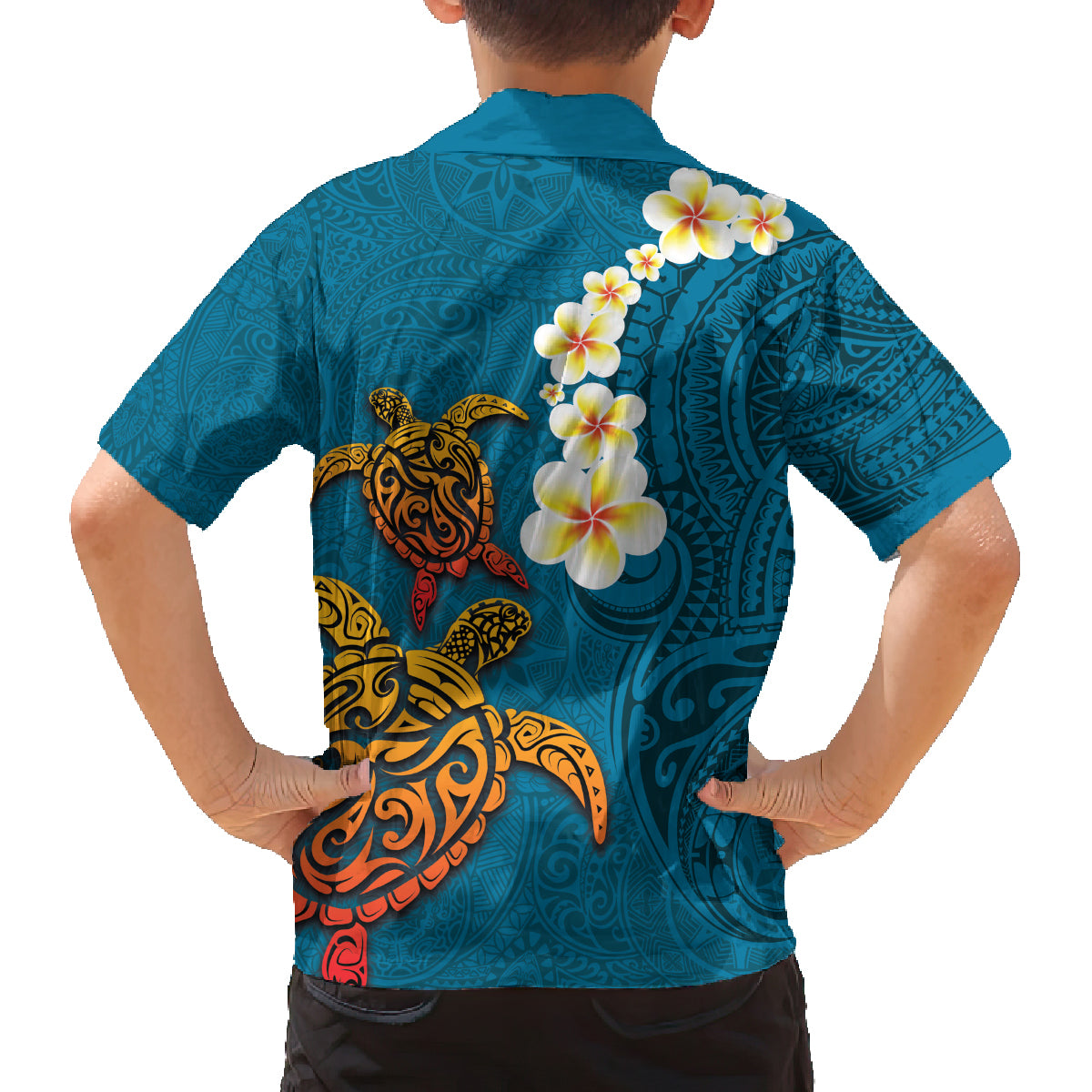 Hawaii Turtle Plumeria Flower Family Matching Tank Maxi Dress and Hawaiian Shirt Polynesian Pattern Blue Color LT03 - Polynesian Pride