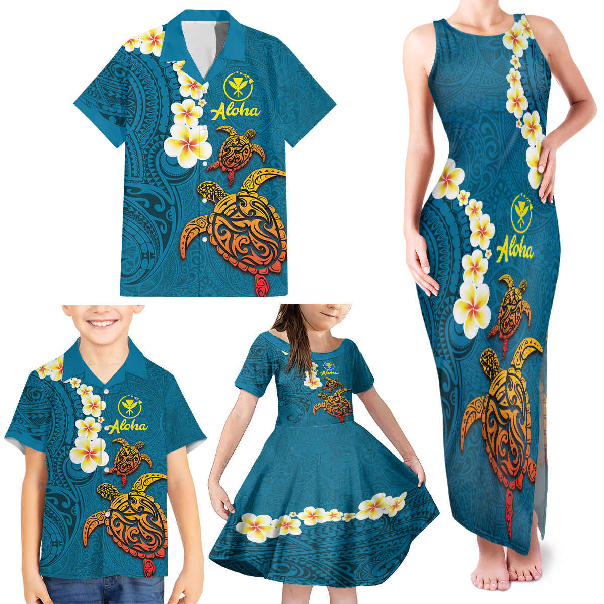Hawaii Turtle Plumeria Flower Family Matching Tank Maxi Dress and Hawaiian Shirt Polynesian Pattern Blue Color LT03 - Polynesian Pride