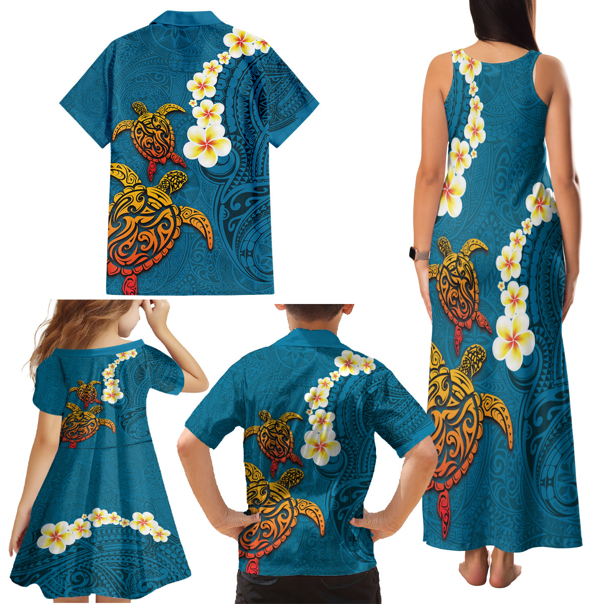 Hawaii Turtle Plumeria Flower Family Matching Tank Maxi Dress and Hawaiian Shirt Polynesian Pattern Blue Color LT03 - Polynesian Pride