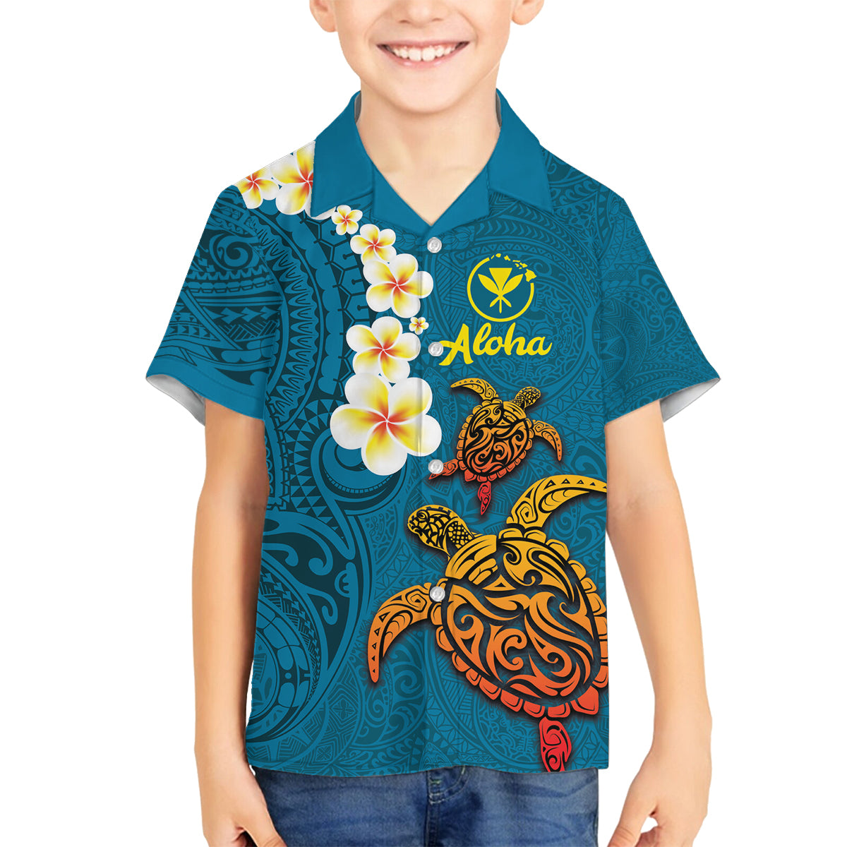 Hawaii Turtle Plumeria Flower Family Matching Tank Maxi Dress and Hawaiian Shirt Polynesian Pattern Blue Color LT03 Son's Shirt Blue - Polynesian Pride
