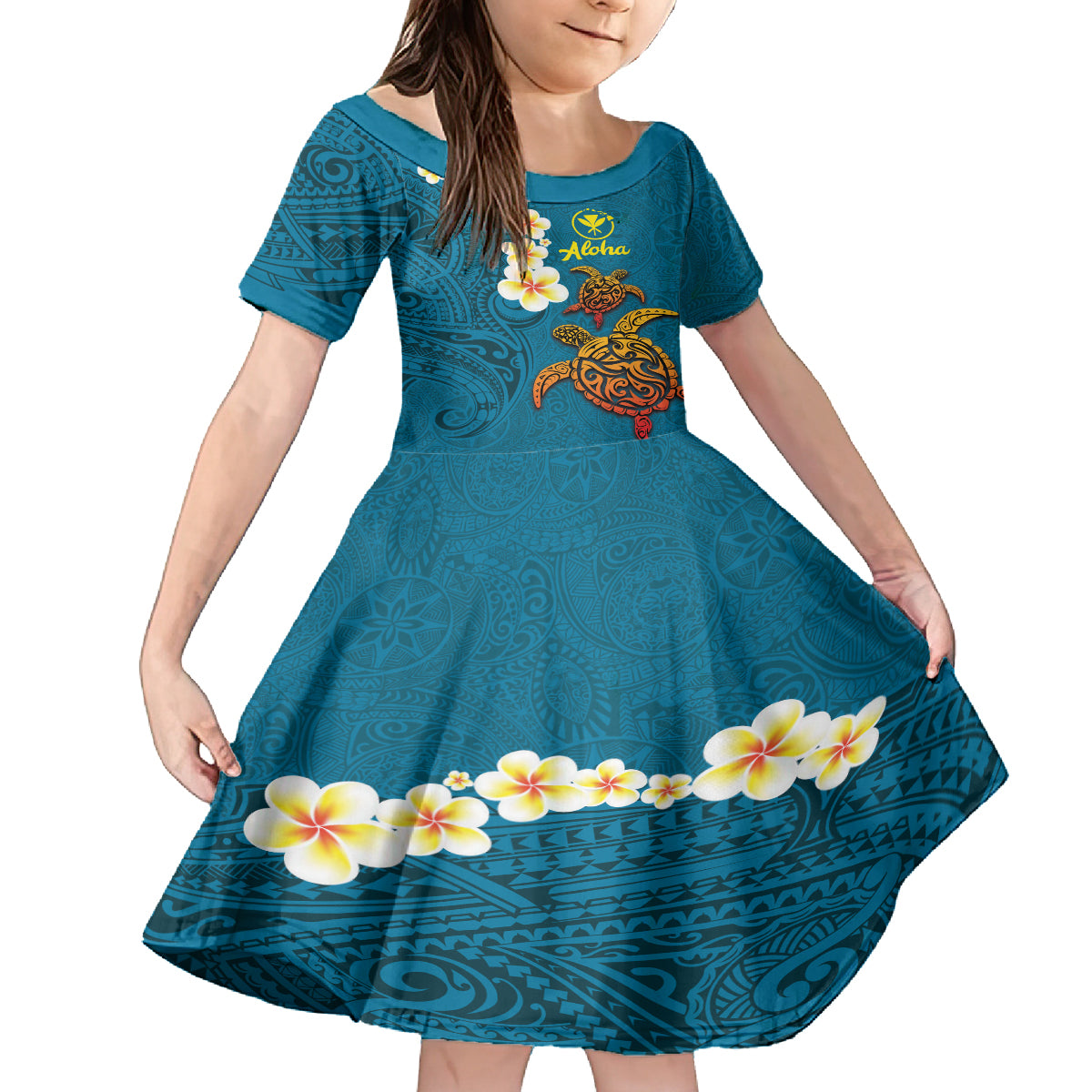 Hawaii Turtle Plumeria Flower Kid Short Sleeve Dress Polynesian Pattern Blue Color LT03 KID Blue - Polynesian Pride