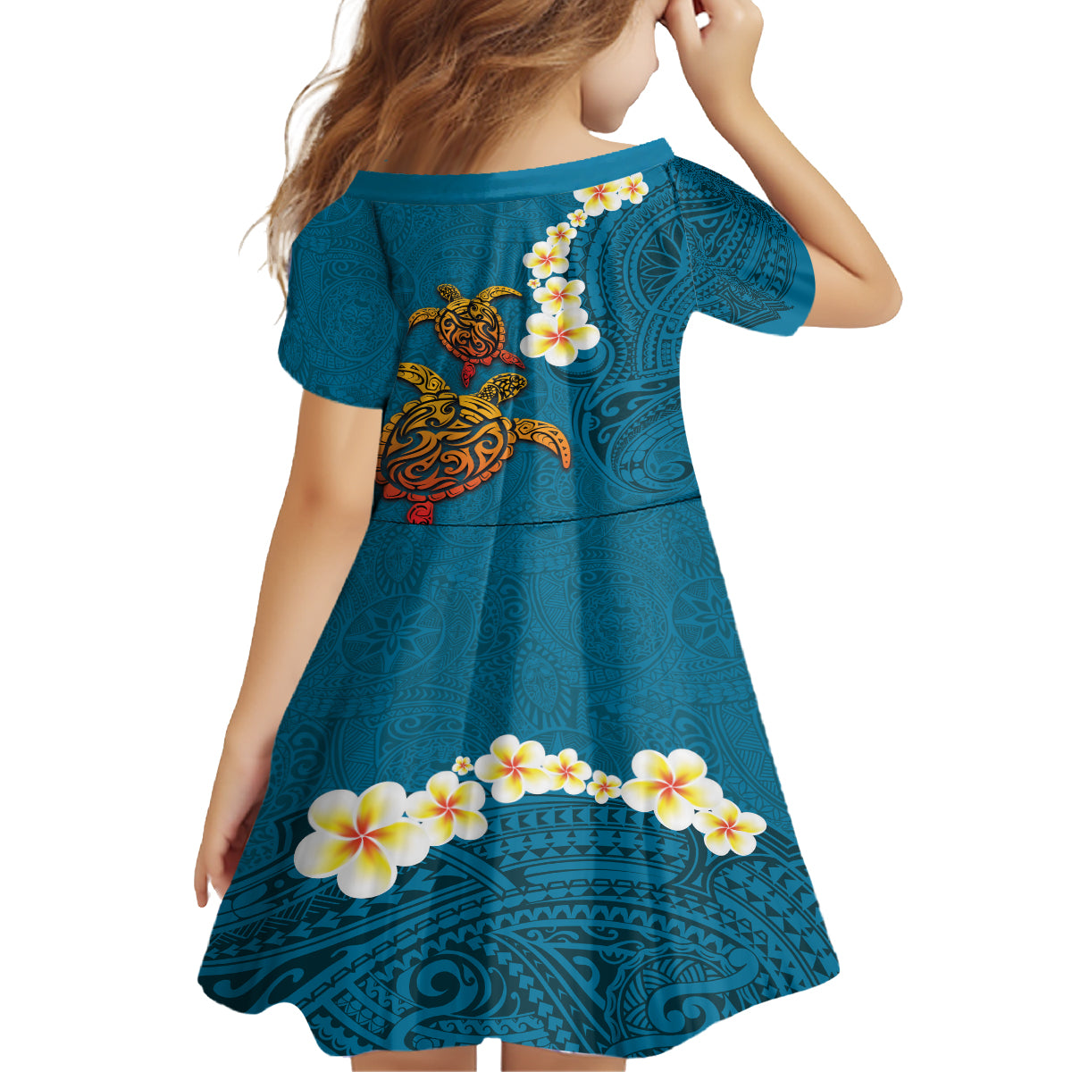 Hawaii Turtle Plumeria Flower Kid Short Sleeve Dress Polynesian Pattern Blue Color LT03 - Polynesian Pride