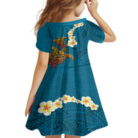 Hawaii Turtle Plumeria Flower Kid Short Sleeve Dress Polynesian Pattern Blue Color LT03 - Polynesian Pride