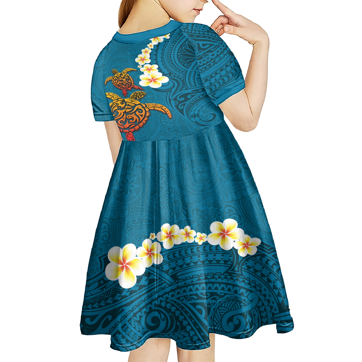 Hawaii Turtle Plumeria Flower Kid Short Sleeve Dress Polynesian Pattern Blue Color LT03 - Polynesian Pride