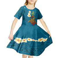 Hawaii Turtle Plumeria Flower Kid Short Sleeve Dress Polynesian Pattern Blue Color LT03 - Polynesian Pride